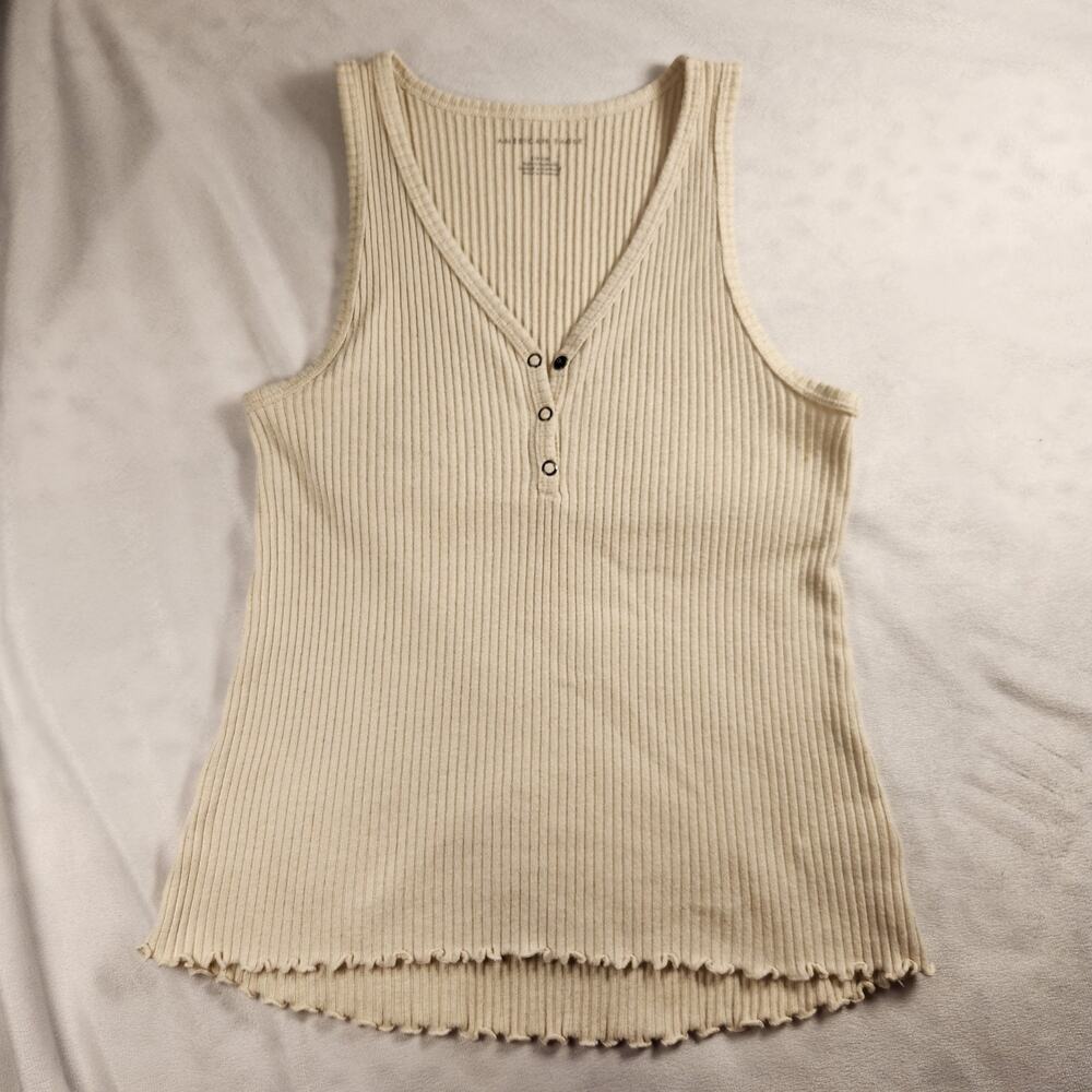 AE Ribbed Henley Sweater Tank - Stretchy Lightweight Summer Knit - Small